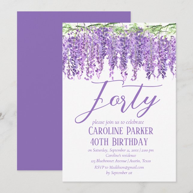 Wisteria 40th Birthday Purple Floral Violet Invitation (Front/Back)
