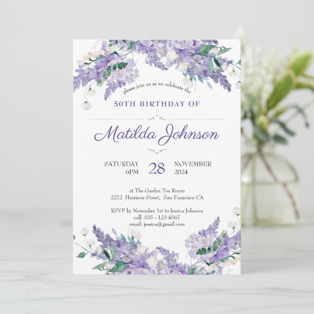 Wisteria 50th Birthday Flower Classy Purple Custom Invitation (Standing Front)