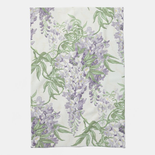 Wisteria Blossom Light Blue and Lavender Patterns Tea Towel (Vertical)