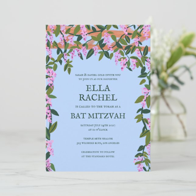 Wisteria Custom B'nai Bat Bar Mitzvah QR Code Invitation (Standing Front)