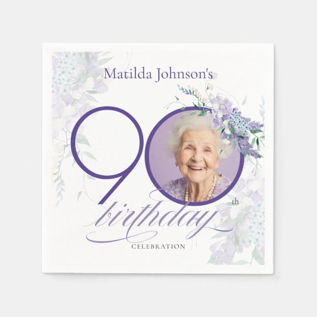 Wisteria Custom Photo Floral Purple 90th Birthday Napkin (Front)