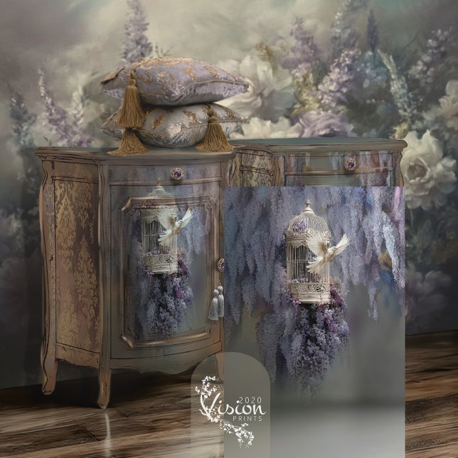 Wisteria Dove White Dove Birdcage Wisteria Tissue Paper (Birdcage dove decoupage on ornate grey cabinet with purple cushion display
)