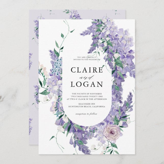 Wisteria Dusty Purple Watercolor Wedding Invitation (Front/Back)