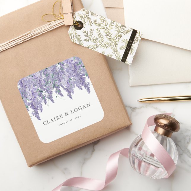 Wisteria Dusty Purple Watercolor Wedding Square Sticker (Gifting)