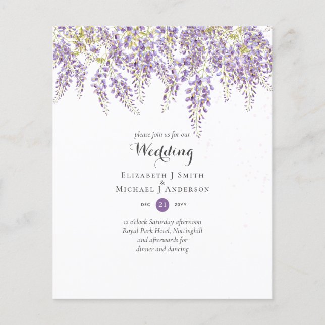 Wisteria Floral Garden Lavender Wedding BUDGET Flyer (Front)