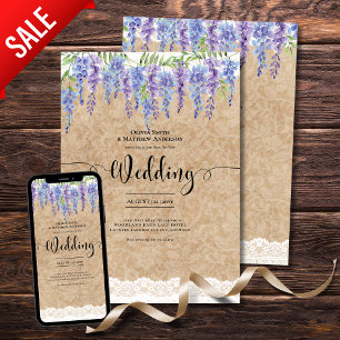 Wisteria Floral Wedding Rustic Kraft Lace Look Invitation
