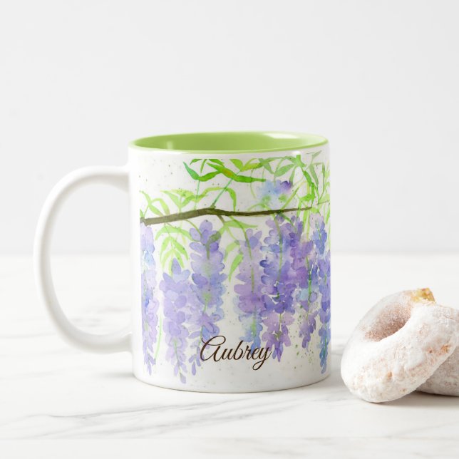 Wisteria Flowers Personalised Bridesmaid Gift Two-Tone Coffee Mug (With Donut)