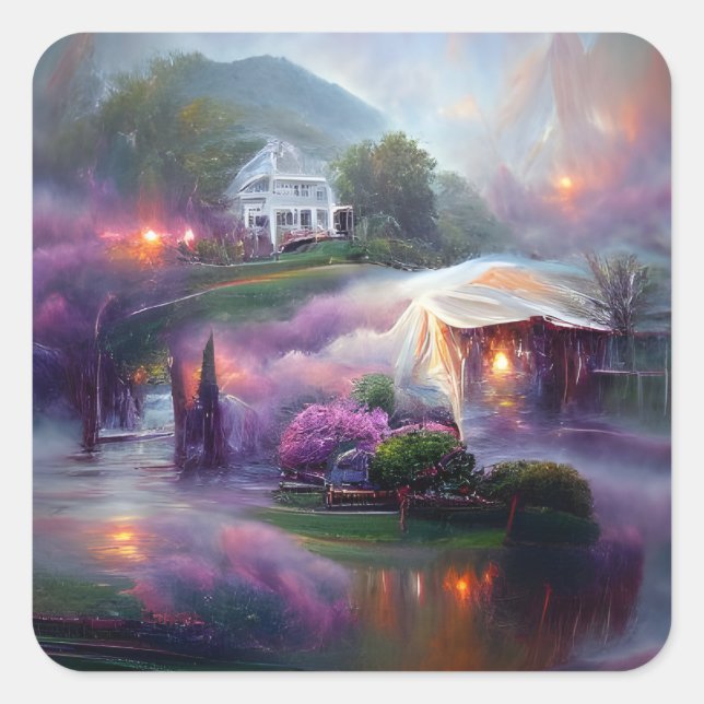 Wisteria House at sunset by the pond  Square Sticker (Front)