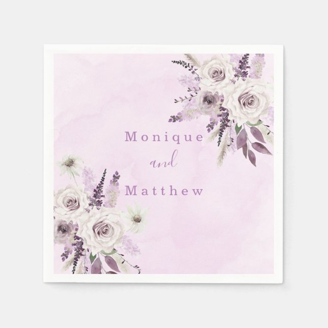 Wisteria Lavender White Rose Chic Roses Wedding Napkin (Front)