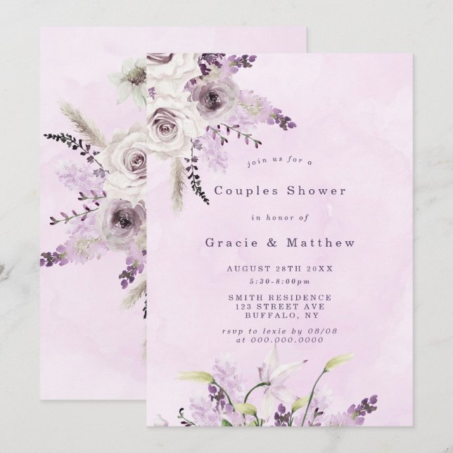 Wisteria Lavender White Rose Couples Shower Invite (Front/Back)