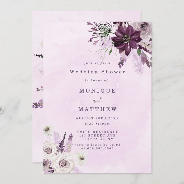 Wisteria Lavender White Rose Wedding Shower Invite (Front/Back)