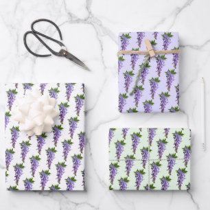 Wisteria Patterns Purple Green White Background Wrapping Paper Sheet