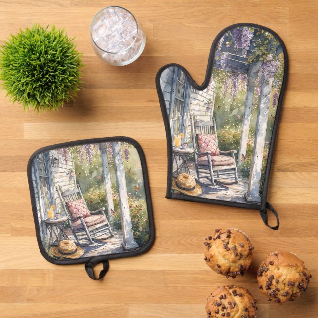 Wisteria Porch Rocking Chair Scene Oven Mitt & Pot Holder Set (Top Down)
