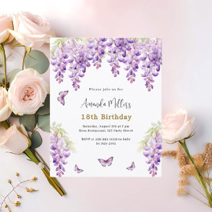Wisteria purple butterfly birthday invitation