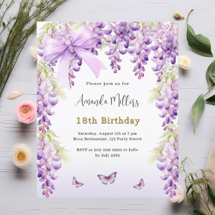 Wisteria purple butterfly bow birthday invitation