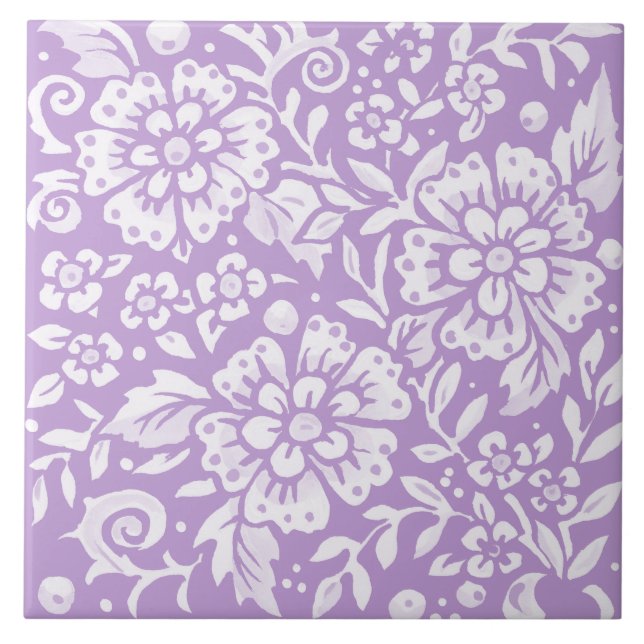 Wisteria Purple Large Flower Leafy Woodland Floral Ceramic Tile (Front)