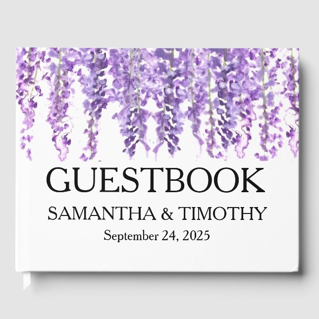 Wisteria Purple Watercolor Floral Wedding Guest Book (Front)