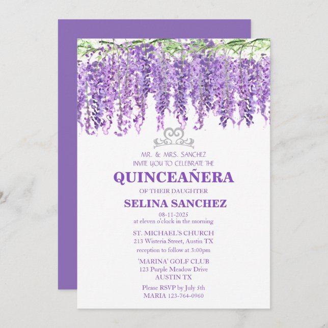 Wisteria Quinceanera Purple Floral 15th Birthday Invitation (Front/Back)