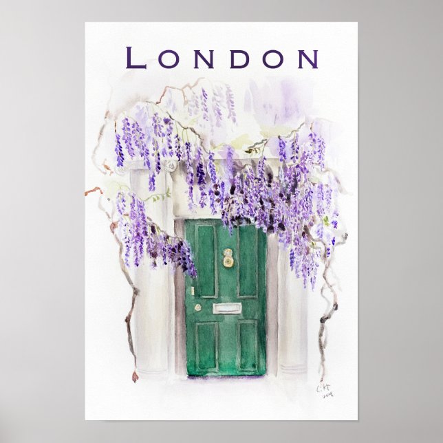 Wisteria season in London green door watercolour  Poster (Front)