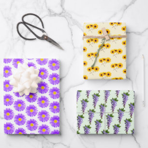 Wisteria, Sunflower, Purple Wildflower Pattern  Wrapping Paper Sheet