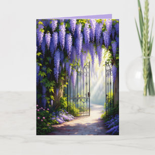 Wisteria vine on nostalgic, victorian garden gate  card