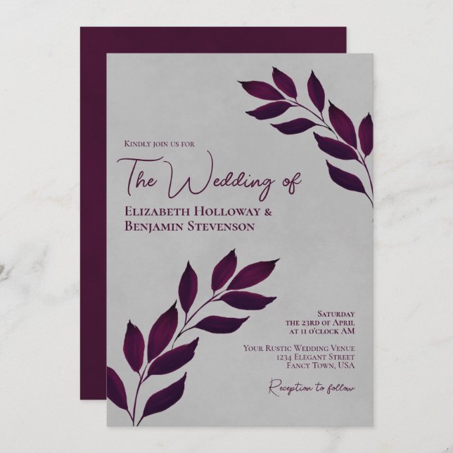 Wistful Cassis Purple Leaves Elegant Grey Wedding Invitation (Front/Back)