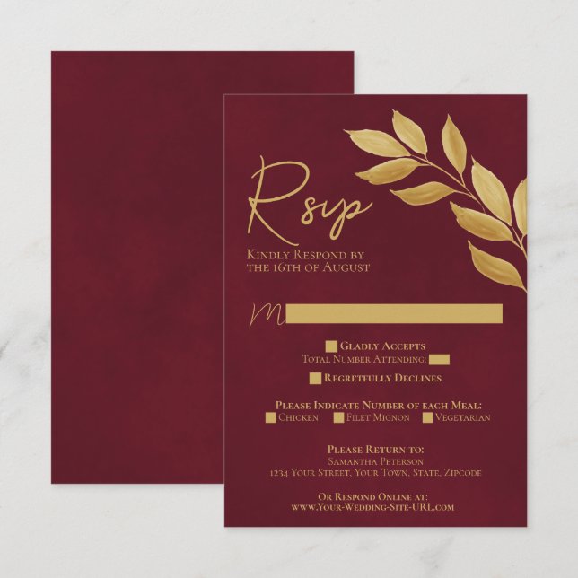Wistful Leaves Burgundy & Gold Watercolor Wedding RSVP Card (Front/Back)