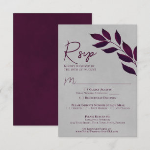 Wistful Leaves Cassis Purple & Grey Wedding RSVP Card