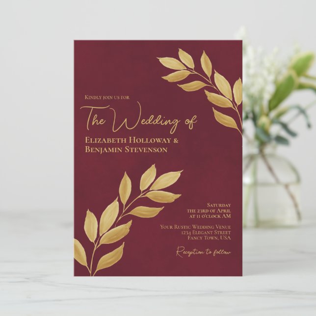 Wistful Leaves Elegant Burgundy & Gold Wedding Invitation (Standing Front)