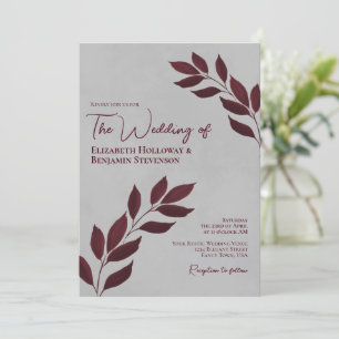Wistful Leaves Elegant Burgundy & Grey Wedding Invitation