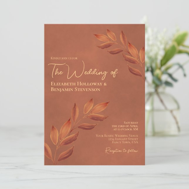 Wistful Leaves Elegant Chic Terracotta Wedding Invitation (Standing Front)