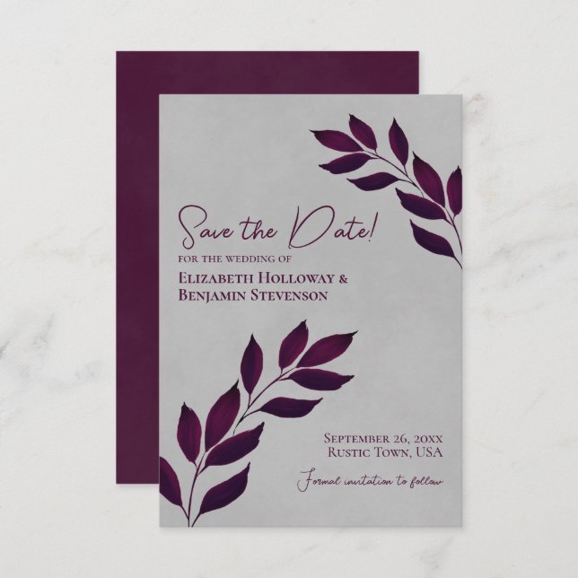 Wistful Leaves Elegant Magenta on Grey Wedding Save The Date (Front/Back)