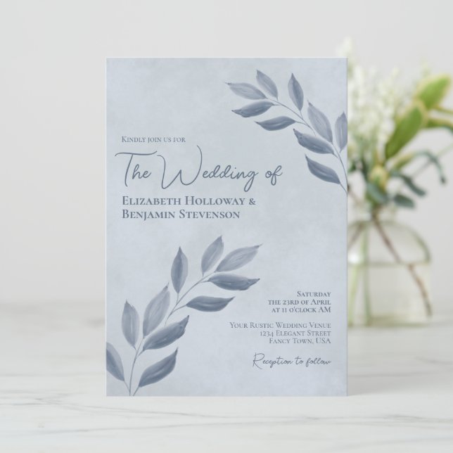 Wistful Leaves Modern Elegant Dusty Blue Wedding Invitation (Standing Front)