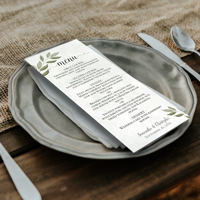 Wistful Leaves Rustic Sage Green Wedding Menu (In Situ on Plate)