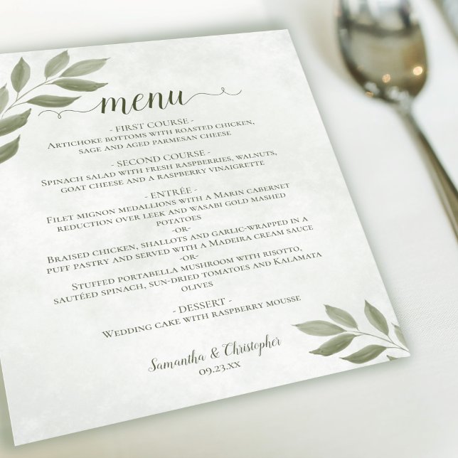 Wistful Sage Green Leaves Budget Wedding Menu (Creator Uploaded)