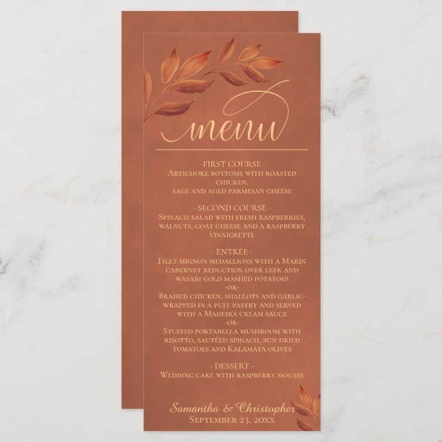 Wistful Terracotta Leaves Modern Script Wedding Menu (Front/Back)