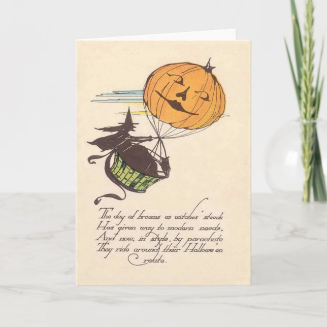 Witch Air Balloon Jack O Lantern Pumpkin Card (Front)