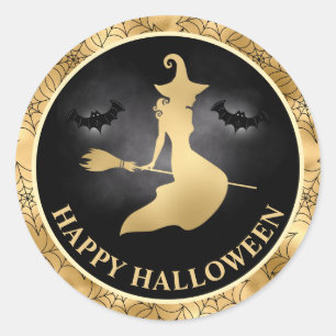 Witch and Bats Gold & Black Happy Halloween Classic Round Sticker