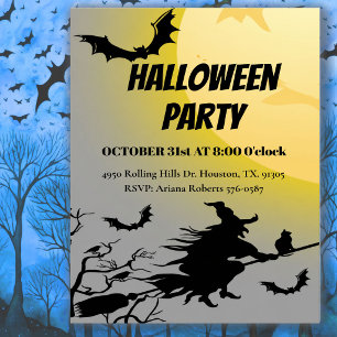 Witch And Bats In Flight Adult Halloween Party Invitation