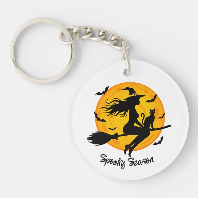 Witch and Black Cat Flying Across Full Moon Key Ring (Front)