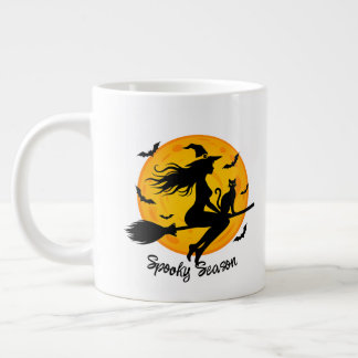 Witch and Black Cat Flying Across Full Moon Large Coffee Mug