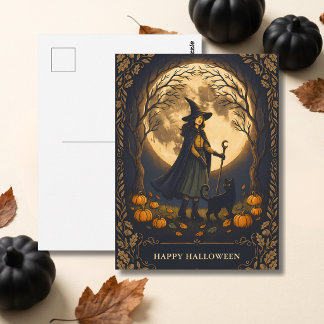 Witch and Black Cat Halloween Postcard