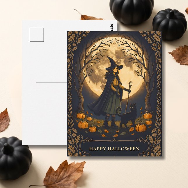 Witch and Black Cat Halloween Postcard (Creator Uploaded)