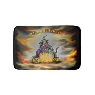 Witch and black Cat, Happy Halloween! Bath Mat