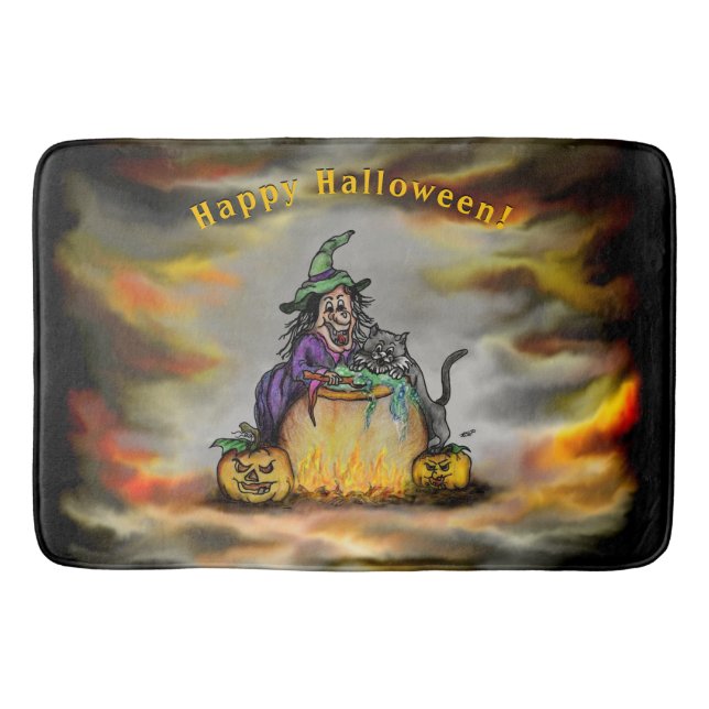 Witch and black Cat, Happy Halloween! Bath Mat (Front)