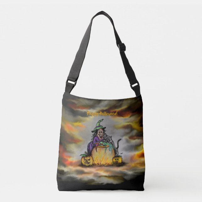 Witch and black Cat, Happy Halloween! Crossbody Bag (Front)