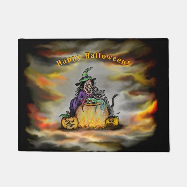 Witch and black Cat, Happy Halloween! Doormat (Front)