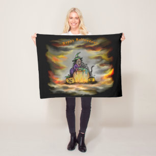 Witch and black Cat, Happy Halloween! Fleece Blanket