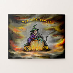 Witch and black Cat, Happy Halloween! Jigsaw Puzzle