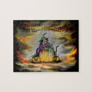 Witch and black Cat, Happy Halloween! Jigsaw Puzzle